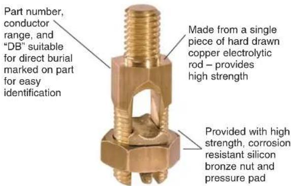 Part number, conductor range, and "DB" suitable for direct burial marked on part for easy identification Made from a single piece of hard drawn copper electrolytic rod – provides high strength Provided with high strength, corrosion resistant silicon bronze nut and pressure pad