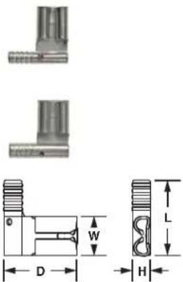 Technical diagram showing mechanical component cross-sections with dimension labels D, W, H, L and top view indicators