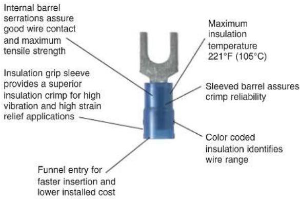 Internal barrel serrations assure good wire contact and maximum tensile strength Insulation grip sleeve provides a superior insulation crimp for high vibration and high strain relief applications Funnel entry for faster insertion and lower installed cost Maximum insulation temperature 221°F (105°C) Sleeved barrel assures crimp reliability Color coded insulation identifies wire range