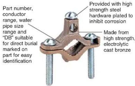 Part number, conductor range, water pipe size range and "DB" suitable for direct burial marked on part for easy identification Provided with high strength steel hardware plated to inhibit corrosion Made from high strength, electrolytic cast bronze
