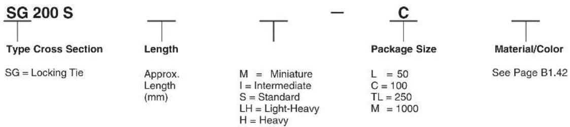 SG 200 S Type Cross Section Length SG = Locking Tie Approx. Length (mm) M = Miniature I = Intermediate S = Standard LH = Light-Heavy H = Heavy C Package Size L = 50 C = 100 TL = 250 M = 1000 Material/Color See Page B1.42