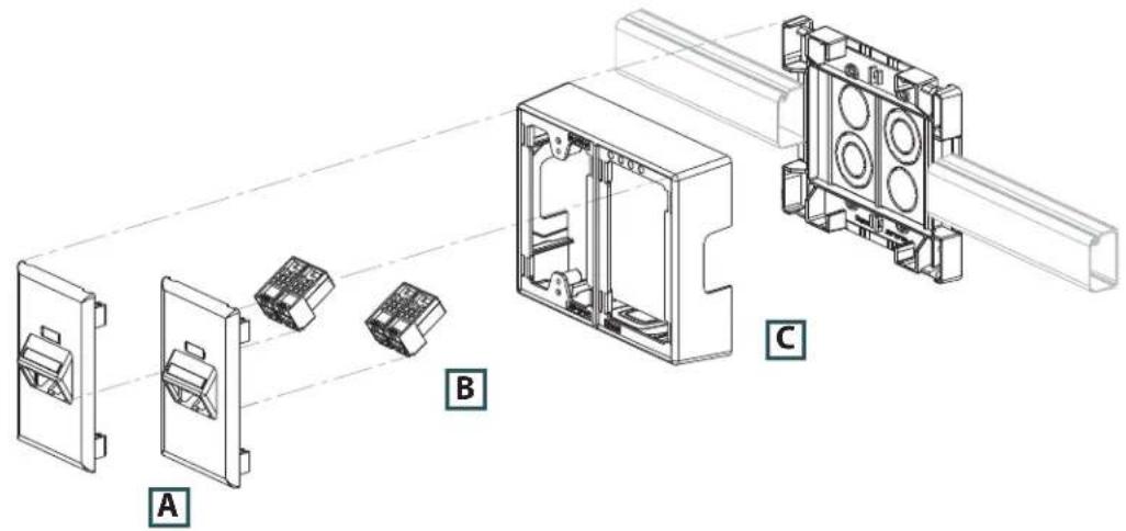 Technical diagram showing assembly of a mechanical component with labeled parts A, B, and C