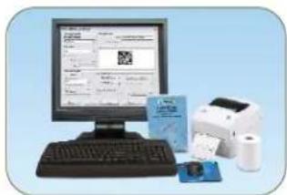 Scanned image of a desktop computer setup with visible text, QR code, printer, and paper nearby