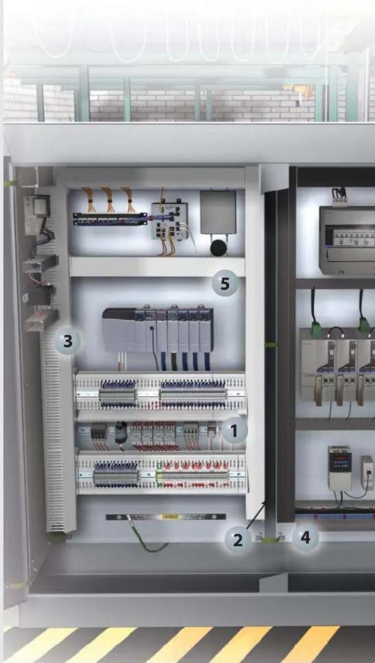 Internal view of an electrical control cabinet with numbered components and wiring, showing internal wiring layout and labeled parts.