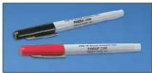 Two pens with visible brand logos and text, one black-and-white and one red-and-white.