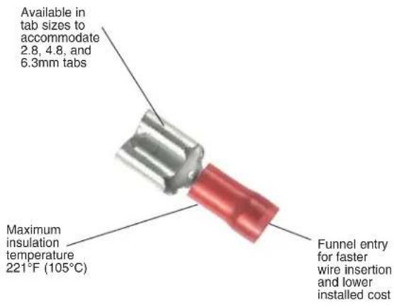 Available in tab sizes to accomilate 2.8, 4.8, and 6.3mm tabs Maximum insulation temperature 221°F (105°C) Funnel entry for faster wire insertion and lower installed cost