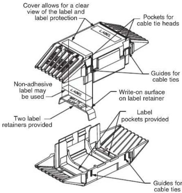 Cover allows for a clear view of the label and label protection Pockets for cable tie heads Guides for cable ties Non-adhesive label may be used Write-on surface on label retainer Two label retainers provided Label pockets provided Guides for cable ties