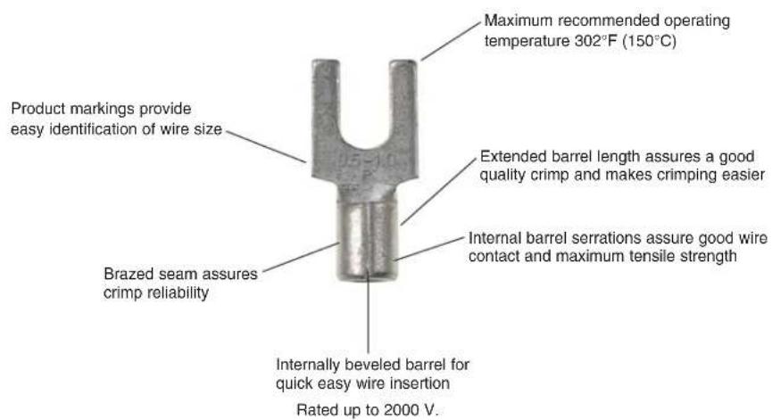 Product markings provide easy identification of wire size Brazed seam assures crimp reliability Maximum recommended operating temperature 302°F (150°C) Extended barrel length assures a good quality crimp and makes crimping easier Internal barrel serrations assure good wire contact and maximum tensile strength Internally beveled barrel for quick easy wire insertion Rated up to 2000 V.