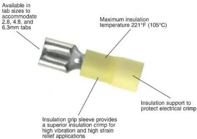 Available in tab sizes to accommodate 2.8, 4.8, and 6.3mm tabs Maximum insulation temperature 221°F (105°C) Insulation grip sleeve provides a superior insulation crimp for high vibration and high strain relief applications Insulation support to protect electrical crimp