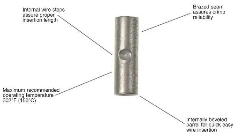 Internal wire stops assure proper insertion length Maximum recommended operating temperature 302°F (150°C) Brazed seam assures crimp reliability Internally beveled barrel for quick easy wire insertion