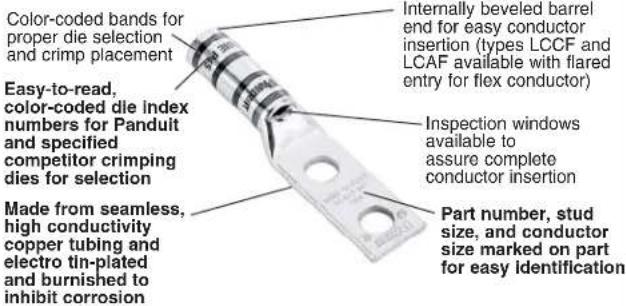 Color-coded bands for proper die selection and crimp placement Easy-to-read, color-coded die index numbers for Panduit and specified competitor crimping dies for selection Made from seamless, high conductivity copper tubing and electro tin-plated and burnished to inhibit corrosion Internally beveled barrel end for easy conductor insertion (types LCCF and LCAF available with flared entry for flex conductor) Inspection windows available to assure complete conductor insertion Part number, stud size, and conductor size marked on part for easy identification