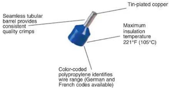 Seamless tubular barrel provides consistent quality crimps Color-coded polypropylene identifies wire range (German and French codes available) Tin-plated copper Maximum insulation temperature 221°F (105°C)