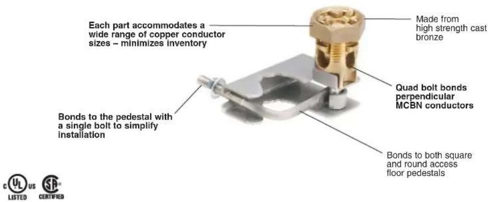Each part accommodates a wide range of copper conductor sizes – minimizes inventory Bonds to the pedestal with a single bolt to simplify installation Made from high strength cast bronze Quad bolt bonds perpendicular MCBN conductors Bonds to both square and round access floor pedestals