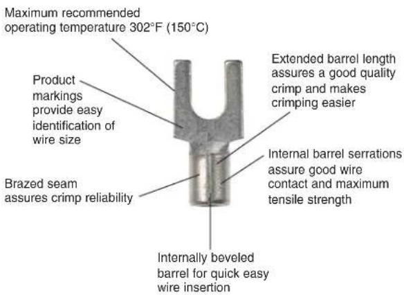 Maximum recommended operating temperature 302°F (150°C) Product markings provide easy identification of wire size Brazed seam assures crimp reliability Extended barrel length assures a good quality crimp and makes crimping easier Internal barrel serrations assure good wire contact and maximum tensile strength Internally beveled barrel for quick easy wire insertion