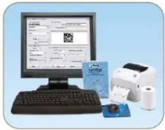Scanned image of a vintage computer setup with a monitor displaying a QR code, printer, and CD, alongside a printer and printer.