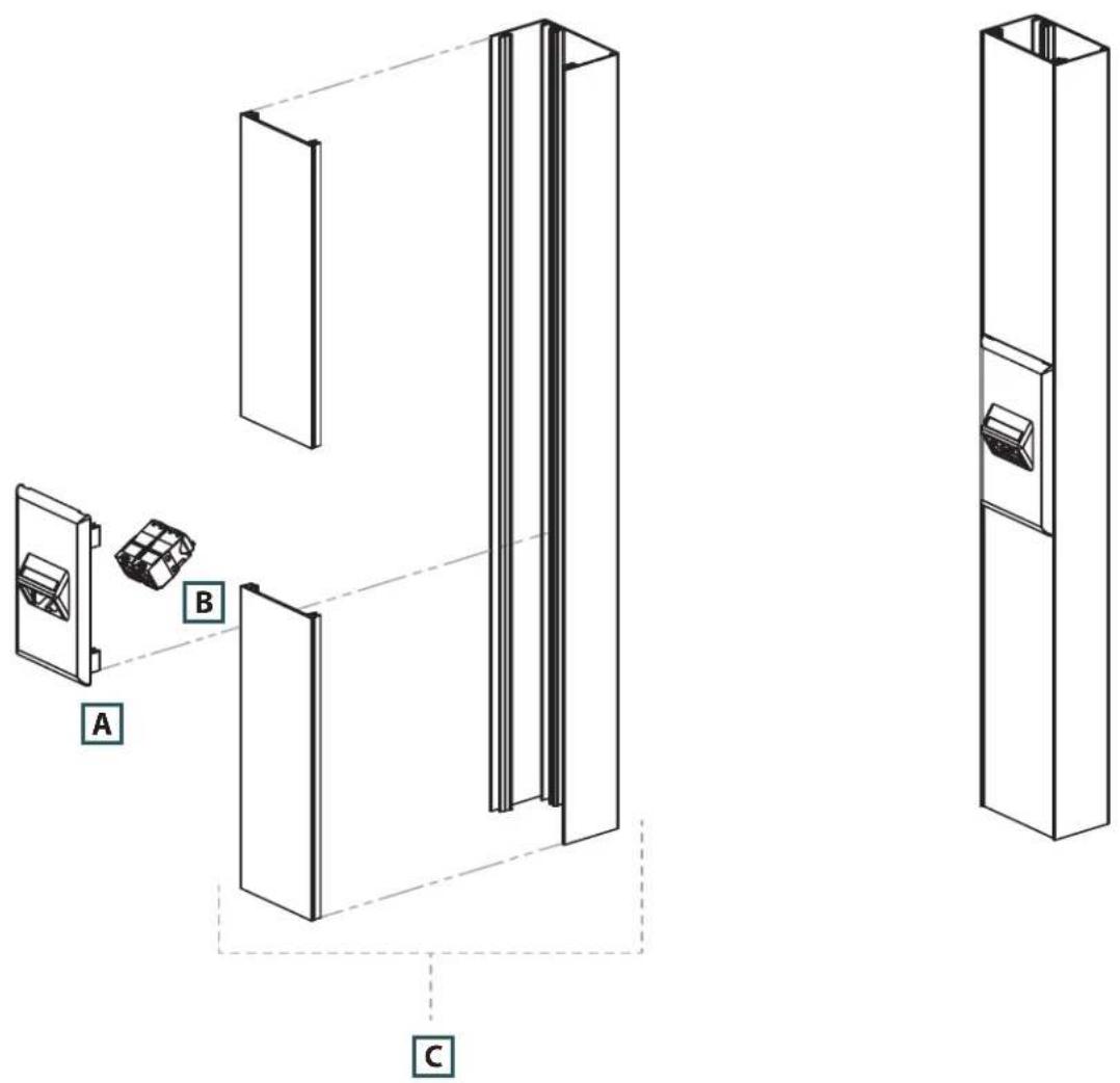 Technical diagram showing three labeled components (A, B, C) of a cabinet or enclosure assembly with internal components and alignment lines.