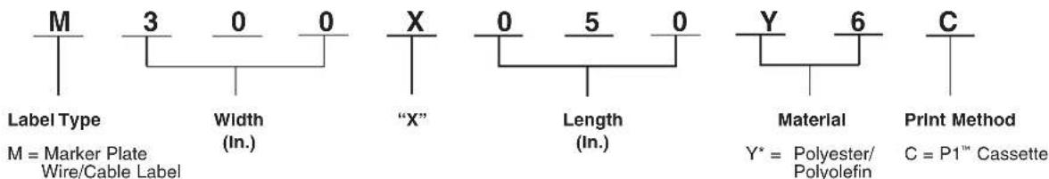 M 3 0 0 X 0 5 0 "X" Label Type Width (In.) Length (In.) Y 6 C M = Marker Plate Wire/Cable Label Material Y* = Polyester/ Polyolefin C = P1™ Cassette