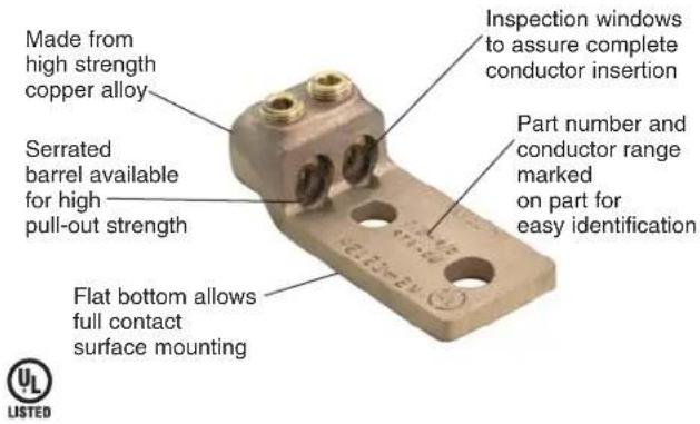 Made from high strength copper alloy Serrated barrel available for high pull-out strength Flat bottom allows full contact surface mounting Inspection windows to assure complete conductor insertion Part number and conductor range marked on part for easy identification UL LISTED