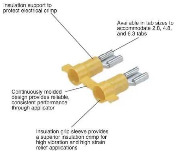 Insulation support to protect electrical crimp Available in tab sizes to accommodate 2.8, 4.8, and 6.3 tabs Continuously molded design provides reliable, consistent performance through applicator Insulation grip sleeve provides a superior insulation crimp for high vibration and high strain relief applications