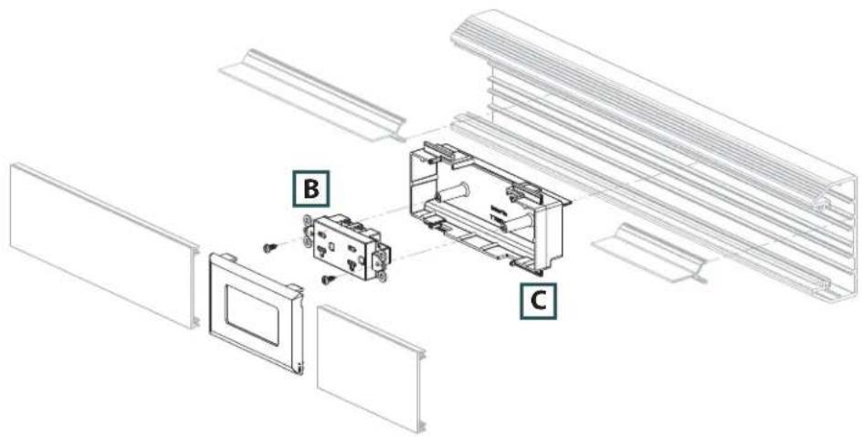 Technical diagram showing assembly of a device with labeled components A, B, and C, including internal components and directional arrows.