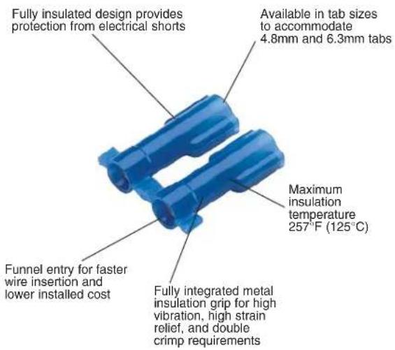 Fully insulated design provides protection from electrical shorts Available in tab sizes to accommodate 4.8mm and 6.3mm tabs Maximum insulation temperature 257°F (125°C) Funnel entry for faster wire insertion and lower installed cost Fully integrated metal insulation grip for high vibration, high strain relief, and double crimp requirements