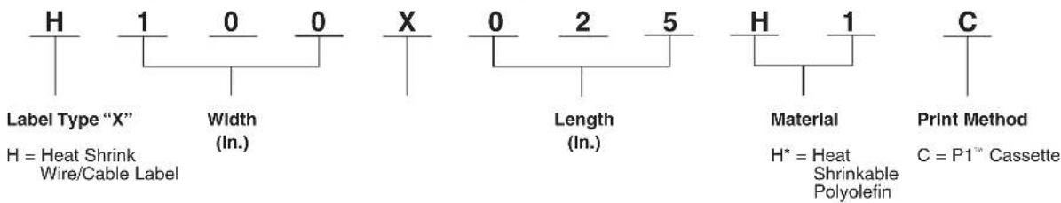 H 1 0 0 X 0 2 5 H 1 Label Type "X" Width (In.) Length (In.) Material H* = Heat Shrinkable Polyolefin C = P1™ Cassette H = Heat Shrink Wire/Cable Label