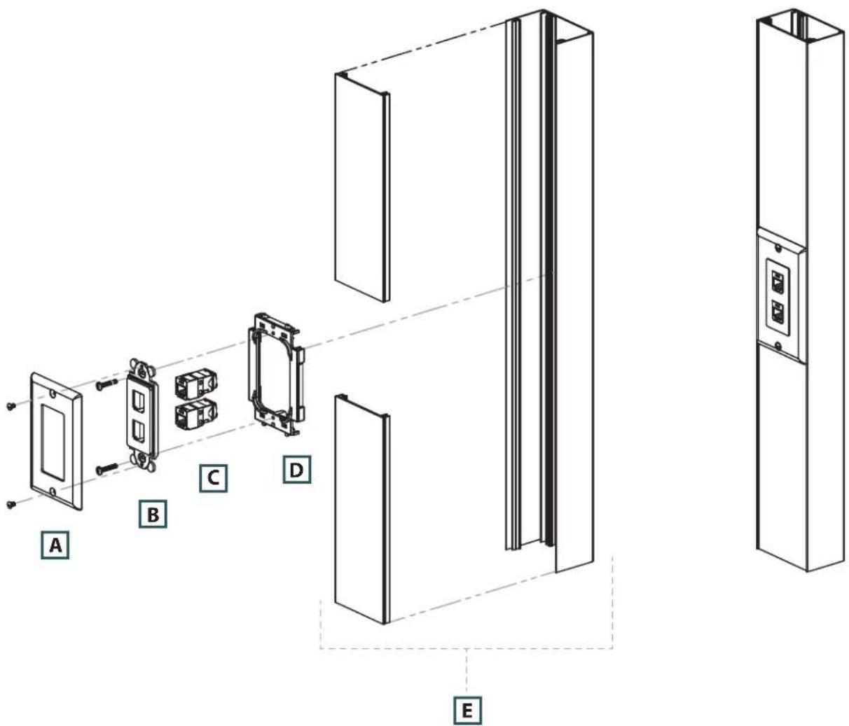 Technical diagram of a door assembly with labeled components A through E, showing internal components and connection lines.