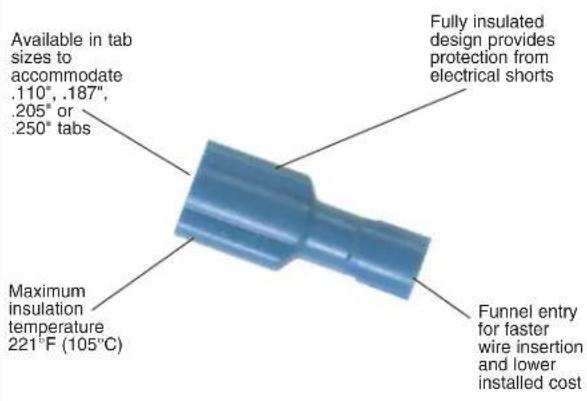 Available in tab sizes to accommodate .110", .187", .205" or .250" tabs Maximum insulation temperature 221°F (105°C) Fully insulated design provides protection from electrical shorts Funnel entry for faster wire insertion and lower installed cost