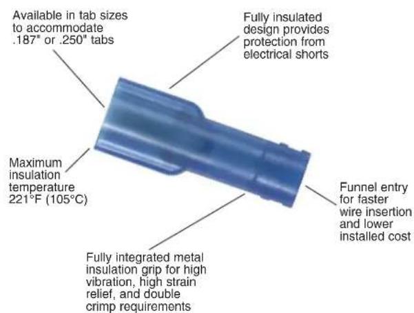 Available in tab sizes to accommodate .187" or .250" tabs Fully insulated design provides protection from electrical shorts Maximum insulation temperature 221°F (105°C) Funnel entry for faster wire insertion and lower installed cost Fully integrated metal insulation grip for high vibration, high strain relief, and double crimp requirements