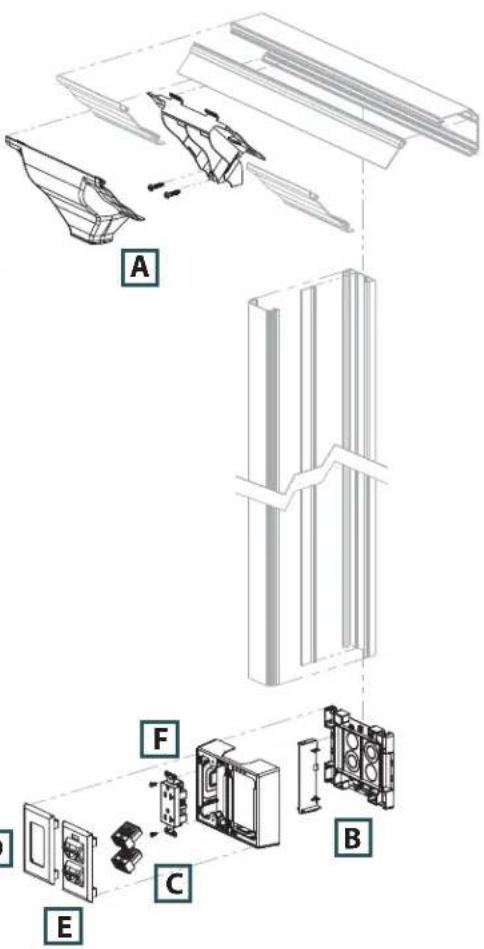 Technical diagram showing exploded view of a device assembly with labeled components A through F