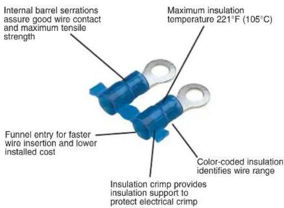 Internal barrel serrations assure good wire contact and maximum tensile strength Maximum insulation temperature 221°F (105°C) Funnel entry for faster wire insertion and lower installed cost Color-coded insulation identifies wire range Insulation crimp provides insulation support to protect electrical crimp