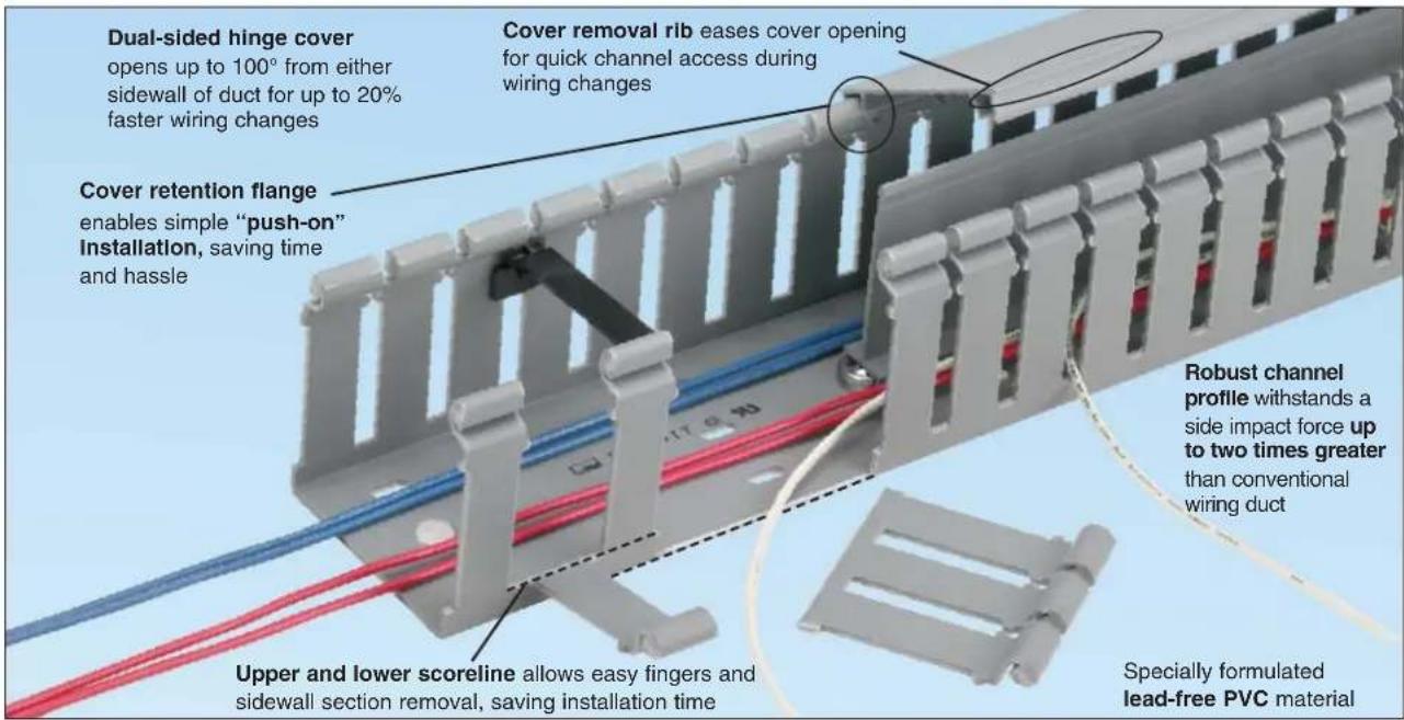 Dual-sided hinge cover opens up to 100° from either sidewall of duct for up to 20% faster wiring changes Cover retention flange enables simple "push-on" Installation, saving time and hassle Cover removal rib eases cover opening for quick channel access during wiring changes Upper and lower scoreline allows easy fingers and sidewall section removal, saving installation time Robust channel profile withstands a side impact force up to two times greater than conventional wiring duct Specially formulated lead-free PVC material