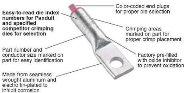 Color-coded end plugs for proper die selection Easy-to-read die index numbers for Panduit and specified competitor crimping dies for selection Crimping areas marked on part for proper crimp placement Part number and conductor size marked on part for easy identification Factory pre-filled with oxide inhibitor to prevent oxidation Made from seamless wrought aluminum and electro tin-plated to inhibit corrosion