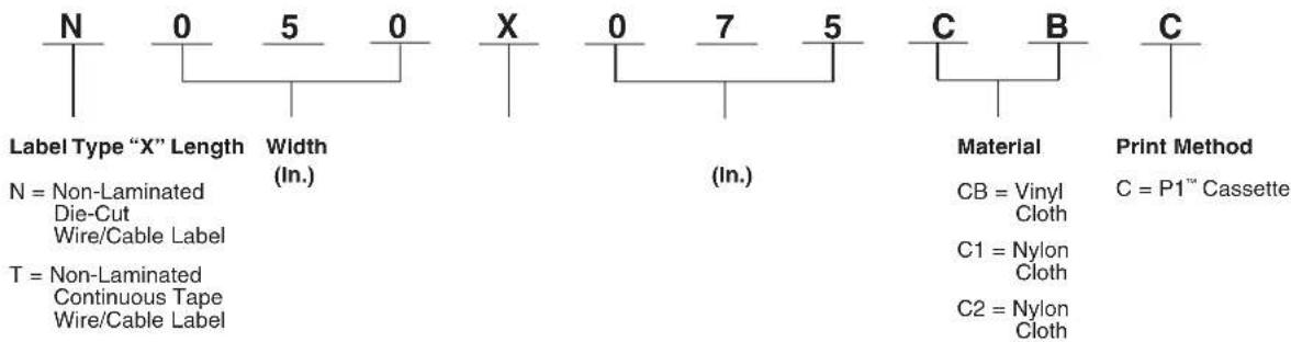N 0 5 0 X 0 7 5 C B C Label Type "X" Length Width (In.) (In.) Material CB = Vinyl Cloth C1 = Nylon Cloth T = Non-Laminated Continuous Tape Wire/Cable Label C2 = Nylon Cloth Print Method C = P1™ Cassette