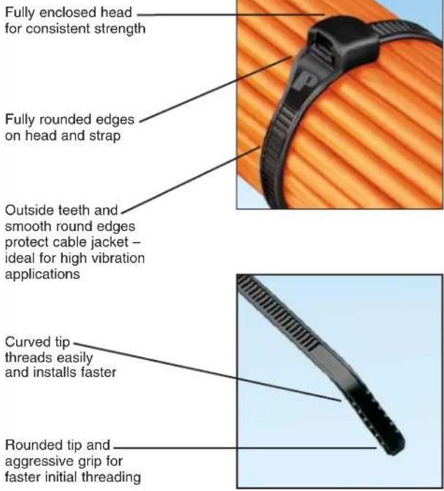 Fully enclosed head for consistent strength Fully rounded edges on head and strap Outside teeth and smooth round edges protect cable jacket - ideal for high vibration applications Curved tip threads easily and installs faster Rounded tip and aggressive grip for faster initial threading