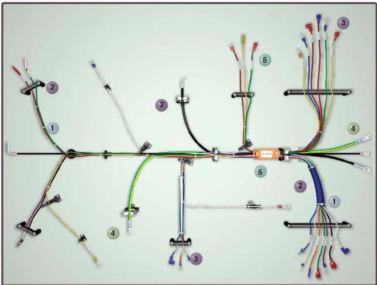 Diagram of a multi-pin electrical connector with labeled wires and connectors, showing connections between components 1 through 5.