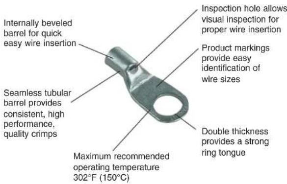 Internally beveled barrel for quick easy wire insertion Seamless tubular barrel provides consistent, high performance, quality crimps Inspection hole allows visual inspection for proper wire insertion Product markings provide easy identification of wire sizes Double thickness provides a strong ring tongue Maximum recommended operating temperature 302°F (150°C)