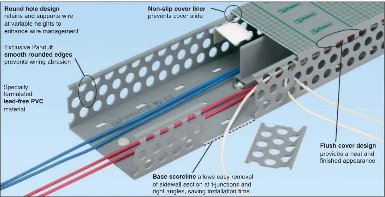 Round hole design retains and supports wire at variable heights to enhance wire management Exclusive Panduit smooth rounded edges prevents wiring abrasion Specially formulated lead-free PVC material Non-slip cover liner prevents cover slide Flush cover design provides a neat and finished appearance Base scoreline allows easy removal of sidewall section at t-junctions and right angles, saving installation time