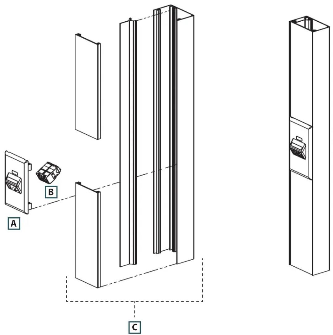 Technical diagram showing three labeled components (A, B, C) of a cabinet or enclosure assembly with internal structure and alignment indicators.