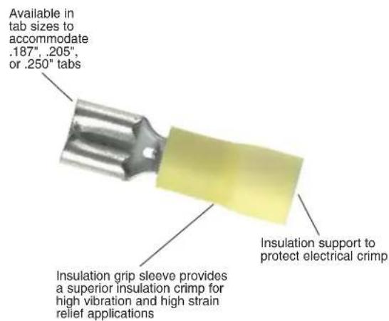 Available in tab sizes to accommodate .187", .205", or .250" tabs Insulation grip sleeve provides a superior insulation crimp for high vibration and high strain relief applications Insulation support to protect electrical crimp