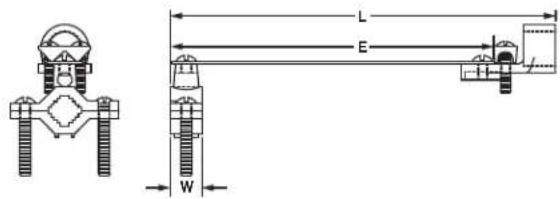 Technical diagram of a mechanical assembly with labeled dimensions L, E, W and component symbols