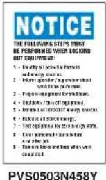NOTICE THE FOLLOWING STEPS MUST BE PERFORMER WHEN LOCKING OUT EQUIPMENT: 1. - Identity of mechanical hammers 2. - Engine system 3. - Inform operator, Equipment hand 4. - Work to be performed. 5. - Prepare equipment and hardware. 6. - Execution of the off- equipment. 7. - Handle and load (2000/2007) energy systems. 8. - Protect and steel energy. 9. - Test equipment for 20% efficiency steel. 10. - Check personnel, staff before and after job. 11. - Support hands and bags when we can complete. PVS0503N458Y