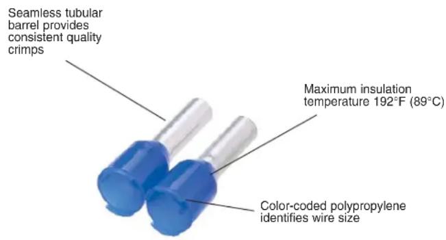 Seamless tubular barrel provides consistent quality crimps Maximum insulation temperature 192°F (89°C) Color-coded polypropylene identifies wire size