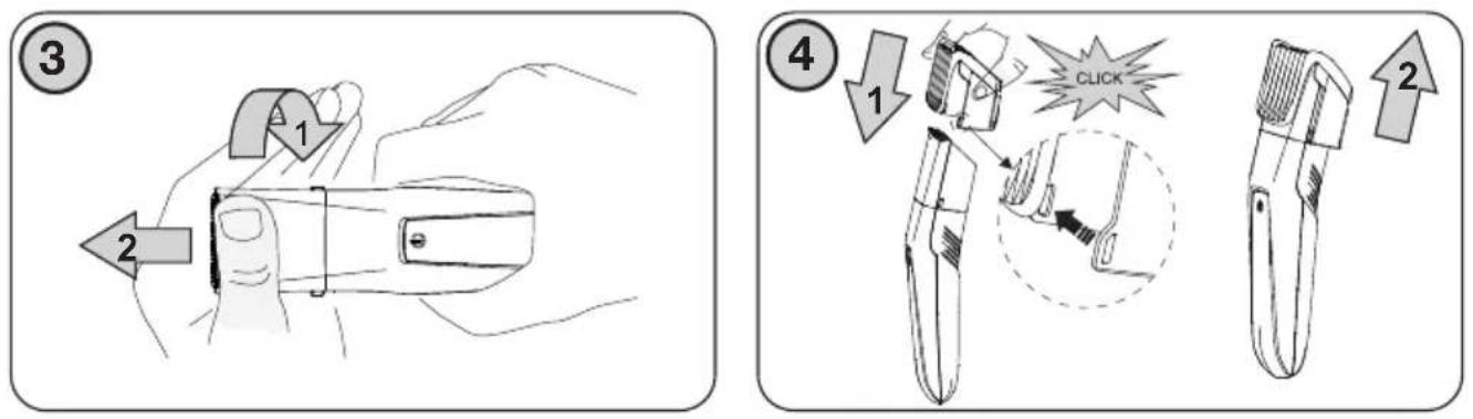 Diagram illustrating a hand holding a pen with two steps: adding a cable to a clip and clicking a button, followed by a close-up of the clip.