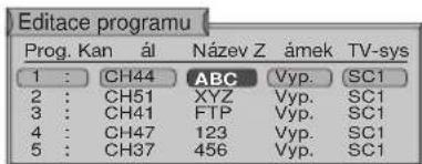 Editace programu Prog. Kan ál Název Z ámek TV-sys 1 : CH44 ABC Vyp. SC1 2 : CH51 XYZ Vyp. SC1 3 : CH41 FTP Vyp. SC1 4 : CH47 123 Vyp. SC1 5 : CH37 456 Vyp. SC1