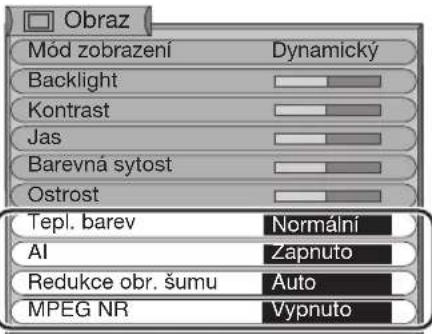 Obraz Mód zobrazení Dynamický Backlight Kontrast Jas Barevná sytost Ostrost Tepl. barev Normální AI Zapnuto Redukce obr. šumu Auto MPEG NR Vypnuto