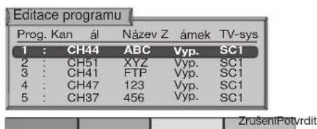 Editace programu Prog. Kan ál Název Z ámek TV-sys 1 : CH44 ABC Vyp. SC1 2 : CH51 XYZ Vyp. SC1 3 : CH41 FTP Vyp. SC1 4 : CH47 123 Vyp. SC1 5 : CH37 456 Vyp. SC1 ZrušeníPotvrdit
