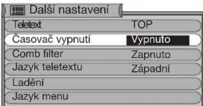 Další nastavení Teletext TOP Časovač vypnutí Vypnuto Comb filter Zapnuto Jazyk teletextu Západní Ladění Jazyk menu