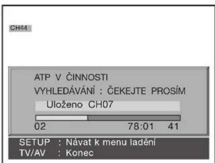 CH44 ATP V ČINNOSTI VYHLEDÁVÁNÍ : ČEKEJTE PROSÍM Uloženo CH07 02 78:01 41 SETUP : Návat k menu ladéní TV/AV : Konec