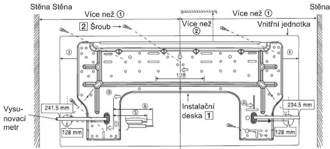 Stěna Stěna Více než ① Více než ① Vnitřní jednotka 2 Šroub → 3 4 128 Vysu- novací metr 241.5 mm 128 mm 6 5 Instalační deska 1 A 234.5 mm 128 mm Stěna